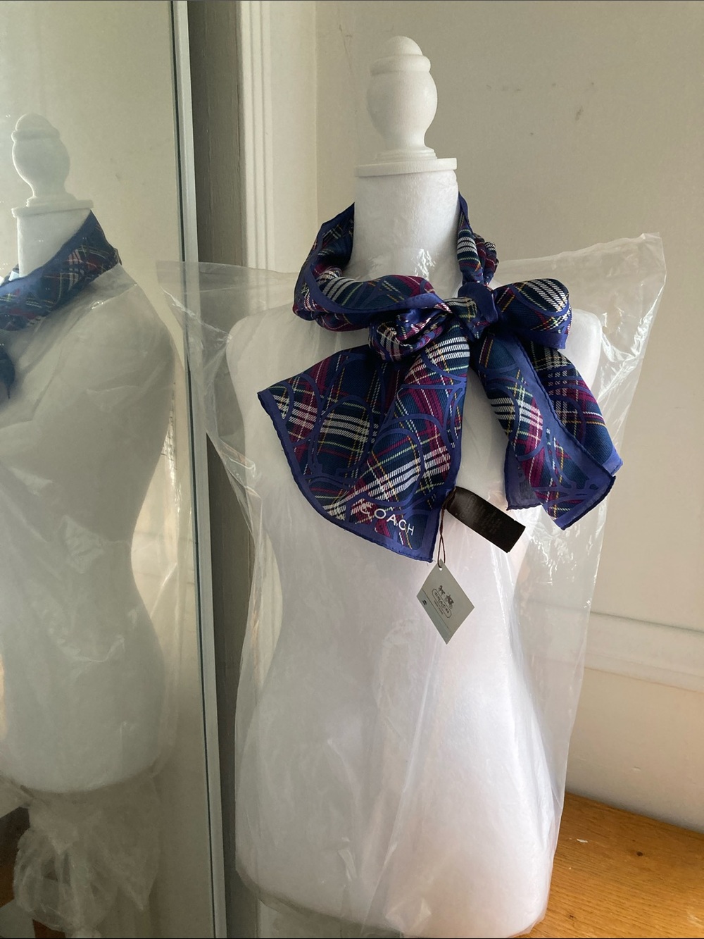 Coach Navy Multicolor Plaid Silk Scarf - Picture 4 of 5
